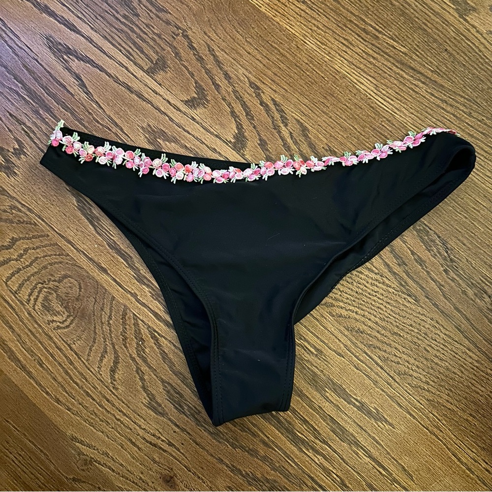 Black Bikini Bottom with Pink Floral Trim - Women Swim